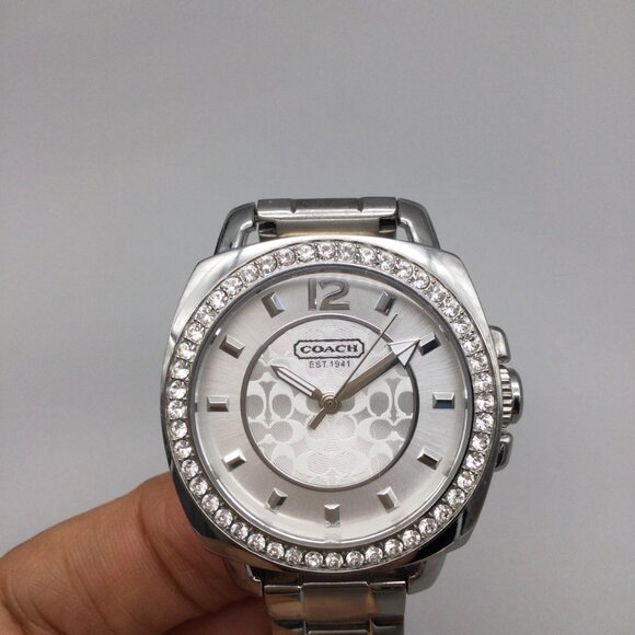 Coach Boyfriend Watch Women 35mm Silver Tone Bling Logo Dial New Battery 6" - Picture 6 of 13